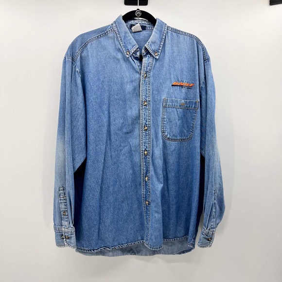 Vintage BNSF Blue Denim Long Sleeve Button Up Embroidered Shacket Men's XL - Picture 1 of 9